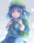  :o backpack bag blue_eyes blue_hair dress dress_shirt hair_bobbles hair_ornament hat kawashiro_nitori key long_sleeves looking_at_viewer opanchu_(hakusen) open_mouth pocket ribbon shirt short_hair skirt skirt_set smile solo touhou two_side_up white_shirt 