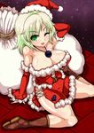 bare_shoulders blush boots breasts cleavage detached_sleeves from_above green_eyes green_hair hat highres jewelry komeiji_koishi large_breasts looking_at_viewer n_(dai_n_honpo) necklace one_eye_closed open_mouth sack santa_costume santa_hat sitting solo touhou wariza 