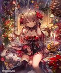  adjusting_hair arch asymmetrical_clothes bauble between_legs blonde_hair breasts christmas_ornaments cleavage cygames gloves hand_between_legs highres large_breasts lee_hyeseung long_hair miniskirt official_art plumeria_(shingeki_no_bahamut) red_eyes shingeki_no_bahamut single_thighhigh sitting skirt smile solo squirrel thighhighs 