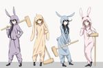  ;) akebono_(kantai_collection) alternate_costume animal_costume bandaid bandaid_on_face black_eyes black_hair brown_eyes brown_hair bunny_costume hammer hirayama_(hirayamaniwa) holding kantai_collection long_hair mallet multiple_girls oboro_(kantai_collection) one_eye_closed pink_eyes pink_hair sazanami_(kantai_collection) short_hair side_ponytail smile ushio_(kantai_collection) 