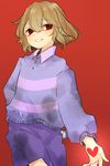  bad_id bad_twitter_id behind_back blush brown_hair collared_shirt cowboy_shot dark_persona dirty_clothes frisk_(undertale) hair_between_eyes heart hiding highres holding holding_knife holding_weapon knife knife_behind_back koyashaka long_sleeves purple_shirt red_background red_eyes shirt short_hair shorts smile solo striped striped_shirt teeth undertale weapon 