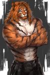  2015 abs anthro beard biceps big_muscles claws clothed clothing crossed_arms detailed digital_media_(artwork) facial_hair feline front_view fur hair half-dressed long_hair looking_at_viewer male mammal multicolored_fur muscular orange_fur orange_hair orange_nose pants pecs solo standing stripes tiger topless white_fur yellow_eyes yy6241 