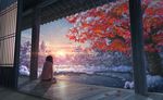  lake lens_flare long_hair md5_mismatch natsu_(hottopeppa3390) original pond porch scarf scenery sitting snow snowing solo sun sunset winter 