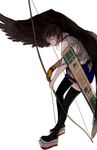  archery arrow black_legwear black_wings bow_(weapon) brown_hair feathered_wings flight_deck gloves hakama hakama_skirt highres holding japanese_clothes kaga_(kantai_collection) kantai_collection kyuudou long_hair muneate partly_fingerless_gloves pleated_skirt quiver short_hair shuu-0208 side_ponytail simple_background single_glove skirt solo tasuki thighhighs weapon white_background wings yellow_eyes yugake 