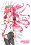  black_legwear blush breasts character_name cleavage densuke_(iha-syuon) elbow_gloves garter_straps gloves hacka_doll hacka_doll_2 highres large_breasts long_hair looking_at_viewer lying on_back pink_eyes pink_hair smile solo thighhighs white_gloves 