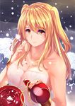  bare_arms blonde_hair breasts cleavage collarbone hair_between_eyes light_smile long_hair looking_at_viewer maki_tatsuki medium_breasts naked_towel nengajou new_year off_shoulder original see-through_silhouette snowing solo towel two_side_up yellow_eyes 