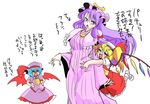  bat_wings blonde_hair blue_hair crescent danna_(karatekikku) dress fang flandre_scarlet hands_on_hips hat hat_ribbon height_difference hug hug_from_behind long_hair multiple_girls open_mouth patchouli_knowledge purple_eyes purple_hair remilia_scarlet ribbon short_hair side_ponytail touhou translated wings 