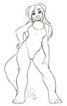  anthro breasts bulge canine clothing dickgirl half-closed_eyes intersex invalid_tag kittydee leotard looking_at_viewer mammal monochrome simple_background smile solo standing white_background 