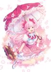 cherry_blossom_cookie cherry_blossoms cookie_run highres long_hair looking_at_viewer parasol personification petals pink_eyes pink_hair pink_skirt pink_umbrella puffy_short_sleeves puffy_sleeves short_sleeves silverbin skirt smile solo two_side_up umbrella white_legwear 