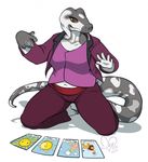  anthro clothed clothing female forked_tongue grey_skin half-closed_eyes kittydee kneeling looking_at_viewer navel reptile scalie simple_background slit_pupils snake solo tarot_cards tongue tongue_out white_background 