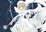  beret blue_background blue_ribbon cardcaptor_sakura dress green_eyes hat hoshi_no_tsue kinomoto_sakura kumi_(pixiv613849) light_smile petals ribbon short_hair solo white_dress white_hat white_wings wind wings 