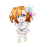  :d belt blue_eyes chibi feathers flower fur-trimmed_gloves fur_trim gloves hair_feathers hair_flower hair_ornament hair_ribbon highres kousaka_honoka kuena love_live! love_live!_school_idol_project necktie one_side_up open_mouth orange_hair ribbon short_hair simple_background smile snow_halation solo standing vest white_background white_gloves 