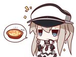  :3 blue_eyes capelet chibi commentary_request food graf_zeppelin_(kantai_collection) gratin hat highres kantai_collection looking_at_viewer mvp nuu_(nu-nyu) peaked_cap silver_hair solo sparkle spoken_object twintails 