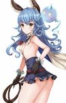  animal_ears ass black_gloves blue_hair blush breasts cape earrings erune ferry_(granblue_fantasy) gloves granblue_fantasy harimoji jewelry long_hair looking_at_viewer looking_back medium_breasts microskirt sideboob simple_background skirt solo whip white_background yellow_eyes 