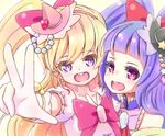  :d asahina_mirai black_hat blonde_hair blue_hair bow cure_magical cure_miracle gloves hair_bow hat heart izayoi_liko long_hair looking_at_viewer magical_girl mahou_girls_precure! mini_hat mini_witch_hat multiple_girls open_mouth pink_eyes pink_hat ponytail precure purple_eyes shijimi_(michikusa_honpo) smile v white_gloves witch_hat 