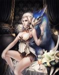  absurdres bare_shoulders beak bird blonde_hair blue_eyes breasts chair circlet cleavage cleavage_cutout curtains elf flower glass highres large_breasts long_hair looking_at_viewer panties pointy_ears sitting solo underwear wristband zozoda 