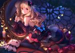  axe bad_id bad_pixiv_id black_legwear blonde_hair bug butterfly chain chained dress earrings full_body high_heels insect jewelry long_hair mayu_(vocaloid) mirror night orange_eyes sky solo stellarism stuffed_animal stuffed_bunny stuffed_toy thighhighs usano_mimi vocaloid weapon 