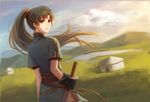  black_gloves day earrings fire_emblem fire_emblem:_rekka_no_ken gloves green_eyes green_hair highres holding holding_sword holding_weapon jewelry liangxieyue long_hair looking_at_viewer looking_back lyndis_(fire_emblem) outdoors ponytail solo sword very_long_hair weapon 