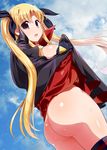  ass black_gloves black_legwear blonde_hair breasts brown_eyes cape cape_lift cloud day dutch_angle fate_testarossa gloves hair_ribbon large_breasts long_hair lyrical_nanoha naked_cape no_panties open_mouth raidon ribbon sideboob sky solo sweat thighhighs twintails 