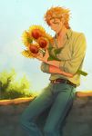  battle_tendency blonde_hair caesar_anthonio_zeppeli collared_shirt facial_mark flower green_eyes hikaru_(asteriskring) holding holding_flower jojo_no_kimyou_na_bouken male_focus shirt sitting solo sunflower sunlight tree winged_hair_ornament 