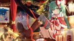  artist_name bad_id bad_pixiv_id boots christmas christmas_tree garter_straps gift green_eyes green_hair hatsune_miku highres k.syo.e+ knee_boots long_hair looking_at_viewer mismatched_legwear night single_boot sitting smile solo thighhighs twintails vocaloid window 