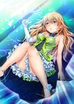  ahoge blonde_hair breasts cleavage elbow_gloves gloves green_eyes hoshii_miki idolmaster idolmaster_(classic) jewelry long_hair lying medium_breasts on_back ring solo white_gloves yukiiri 