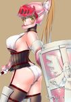  armor ass bernice_(sennen_sensou_aigis) blonde_hair breasts corset cowboy_shot crotch_seam detached_sleeves from_side garter_straps gauntlets helmet highres huge_breasts knight lace lace-trimmed_panties lips long_hair looking_at_viewer no_pants panties ponytail sennen_sensou_aigis shield shigaoka sideboob skindentation solo sword thighhighs underwear very_long_hair visor_(armor) weapon white_panties yellow_eyes 