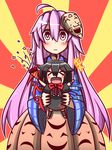  &gt;_&lt; :d ahoge asymmetrical_wings black_hair blush carrying chibi closed_eyes expressionless feiton hata_no_kokoro highres houjuu_nue long_hair looking_at_viewer mask mask_on_head multiple_girls open_mouth purple_eyes purple_hair short_hair size_difference smile touhou wings xd 