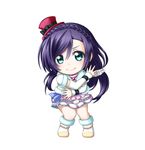  &gt;:) aqua_eyes arm_warmers bow braid chibi crown_braid detached_sleeves fur-trimmed_boots fur_trim hair_between_eyes hat hat_bow highres kuena long_hair looking_at_viewer love_live! love_live!_school_idol_project purple_hair scrunchie simple_background skirt smile snow_halation solo top_hat toujou_nozomi v-shaped_eyebrows white_background 