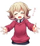  atra_mixta blush closed_eyes grey_hair gundam gundam_tekketsu_no_orphans heart long_sleeves mikan_(ama_no_hakoniwa) open_mouth outstretched_arms pov short_hair smile solo sweater white_background 