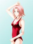  blue_background breasts casual_one-piece_swimsuit cleavage covered_navel green_eyes haruno_sakura highres long_hair medium_breasts naruto naruto_(series) one-piece_swimsuit pink_hair red_swimsuit solo swimsuit tamamon 