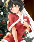  amagami black_hair blush brown_eyes capelet christmas christmas_tree commentary_request jewelry light_frown murasaki_iro nanasaki_ai pine_tree red_capelet ring santa_costume short_hair solo tree 