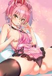  apron areola_slip areolae ass black_legwear black_panties breasts folded_ponytail hand_on_own_chest hand_to_own_mouth idolmaster idolmaster_cinderella_girls jougasaki_mika large_breasts long_hair looking_at_viewer naked_apron panties parted_lips partially_visible_vulva pink_background pink_hair plaid plaid_apron sitting skindentation solo spread_legs tamon_ketsuyuki thighhighs thighs thong tsurime underwear yellow_eyes 