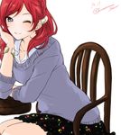  bad_id bad_pixiv_id black_skirt blouse chair collarbone elbow_rest from_side looking_at_viewer love_live! love_live!_school_idol_project nishikino_maki one_eye_closed purple_eyes purple_sweater red_hair shiratama_(shiratama_gold) short_hair sitting skirt skirt_set smile solo sweater table white_blouse 