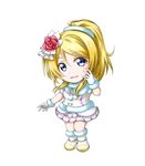  ayase_eli blonde_hair blue_eyes boots chibi flower fur-trimmed_boots fur-trimmed_gloves fur_trim gloves hair_flower hair_ornament highres kuena long_hair looking_at_viewer love_live! love_live!_school_idol_project parted_lips pom_pom_(clothes) ponytail simple_background skirt smile snow_halation solo standing white_background white_gloves 