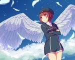  angel_wings brown_eyes brown_hair crossed_arms dress feathered_wings feathers hat kantai_collection nanaboshi sailor_dress short_hair solo wings z3_max_schultz_(kantai_collection) 