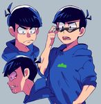  blue_eyes commentary_request expressions eyebrows grey_background hood hoodie looking_down male_focus matsuno_karamatsu nanika_(nnkgh) open_mouth osomatsu-kun osomatsu-san simple_background sleeves_rolled_up solo sunglasses tears thick_eyebrows upper_body 