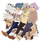  blue_eyes blue_hair blush casual dark_skin dark_skinned_male eyepatch fubuki_shirou full_body grin hair_over_one_eye inazuma_eleven inazuma_eleven_(series) jewelry kazemaru_ichirouta long_hair male_focus mosako multiple_boys necklace ponytail red_eyes sakuma_jirou shirt shoes smile sneakers sweater white_hair 