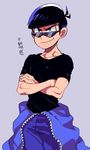  black_hair blue_eyes clothes_around_waist crossed_arms eyebrows jumpsuit male_focus matsuno_karamatsu nanika_(nnkgh) osomatsu-kun osomatsu-san shirt smile solo sunglasses t-shirt 