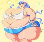  belly big_belly big_breasts big_butt breasts butt clothing english_text female hair huge_breasts huge_butt human ika_musume long_hair mammal open_mouth overweight simple_background sirmasterdufel smile solo squid_girl teeth text thick_thighs wide_hips 