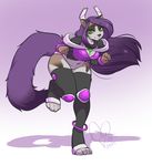  anthro breasts clothed clothing feline female hair half-closed_eyes kittydee legwear mammal navel navel_piercing piercing purple_hair simple_background smile solo standing thigh_highs 