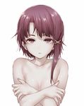  asymmetrical_hair bad_id bad_tumblr_id breasts brown_eyes brown_hair collarbone covering covering_breasts crossed_arms hair_ornament hairclip half-closed_eyes hizuki_akira iwakura_lain looking_at_viewer nude open_mouth serial_experiments_lain short_hair simple_background small_breasts solo upper_body white_background 