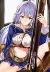  ahoge arm_support belt blue_skirt braid breasts cleavage crop_top desk granblue_fantasy gun hair_between_eyes highres large_breasts long_hair looking_at_viewer midriff miniskirt navel on_desk panties pleated_skirt pussy_juice pussy_juice_stain pussy_juice_trail rifle serious silva_(granblue_fantasy) silver_hair sitting sitting_on_desk skirt solo spread_legs thighs tsuzuri_(itosousou) twin_braids underwear very_long_hair weapon white_panties yellow_eyes 