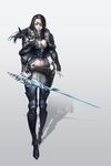  armor armored_boots artist_name black_hair boots breasts cleavage cleavage_cutout dated eyepatch fur gorget gradient gradient_background gun highres large_breasts mole mole_under_eye pale_skin pauldrons shadow solo sword vambraces weapon zozoda 