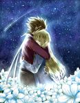  1girl blonde_hair brown_hair closed_eyes collet_brunel couple delsaber flower highres hug lily_(flower) lloyd_irving long_hair night outdoors red_shirt shirt sky spiked_hair star_(sky) starry_sky tales_of_(series) tales_of_symphonia 