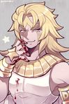  armband blonde_hair blood bloody_clothes bloody_hands dio_brando heaven_ascended_dio jojo_no_kimyou_na_bouken jojo_no_kimyou_na_bouken:_eyes_of_heaven kotorai long_hair male_focus smile solo star upper_body wrist_cuffs yellow_eyes 
