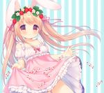  animal_ears bare_shoulders blush brown_hair bunny_ears candy candy_wrapper collarbone dress flower food fruit head_wreath long_hair original red_eyes smile solo strawberry twintails usashiro_mani 