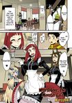  3boys 4girls animal_ears apron artist_name breasts centaur colorized comic english feathered_wings feathers hard_translated harpy highres kuroshiki lamia large_breasts maid maid_apron monster_girl multiple_boys multiple_girls original scales slit_pupils smile tail wings 