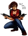  black_shirt blue_eyes breasts brown_hair buttons claire_redfield cleavage collarbone denim dual_wielding full_body gun handgun holding imi_uzi jeans pants ponytail resident_evil resident_evil_2 resident_evil_code:_veronica shirt shoes short_sleeves sidelocks simple_background solo squatting submachine_gun vest weapon white_background 