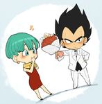  1girl black_eyes black_hair blush bouquet bulma chibi covering_mouth dragon_ball dragon_ball_z dress earrings flower green_eyes green_hair hand_on_hip holding holding_bouquet husband_and_wife jewelry neckerchief petagon red_dress rose short_hair tuxedo vegeta 